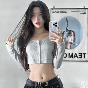 露脐纽扣T恤性感打底衫 短款 女长袖 jazz爵士跳舞设计感灰色针织衫