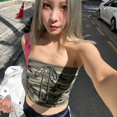 jazz爵士跳舞美式辣妹迷彩抹胸背心女短款系带露脐显瘦打歌服上衣