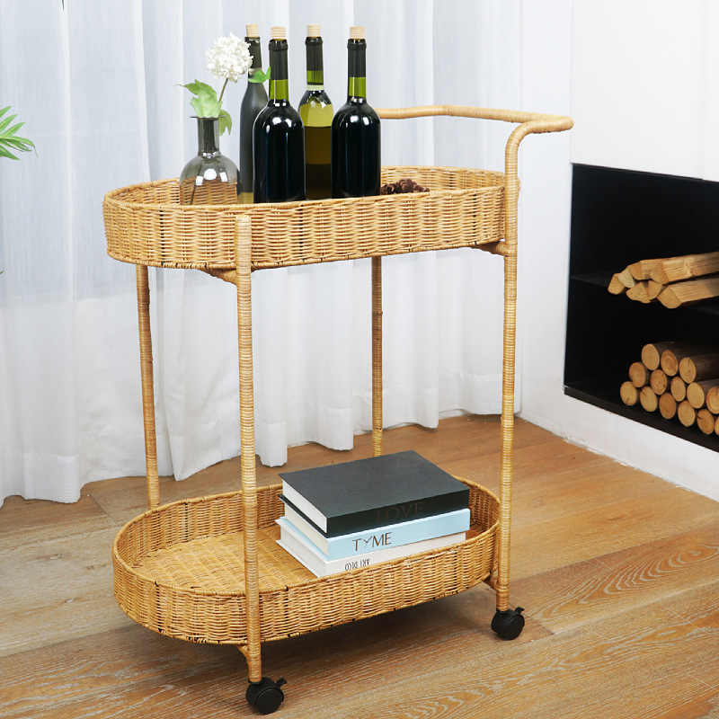 送餐车双层藤编置物架酒水车茶水车点心车蛋糕车4S店移动小推车