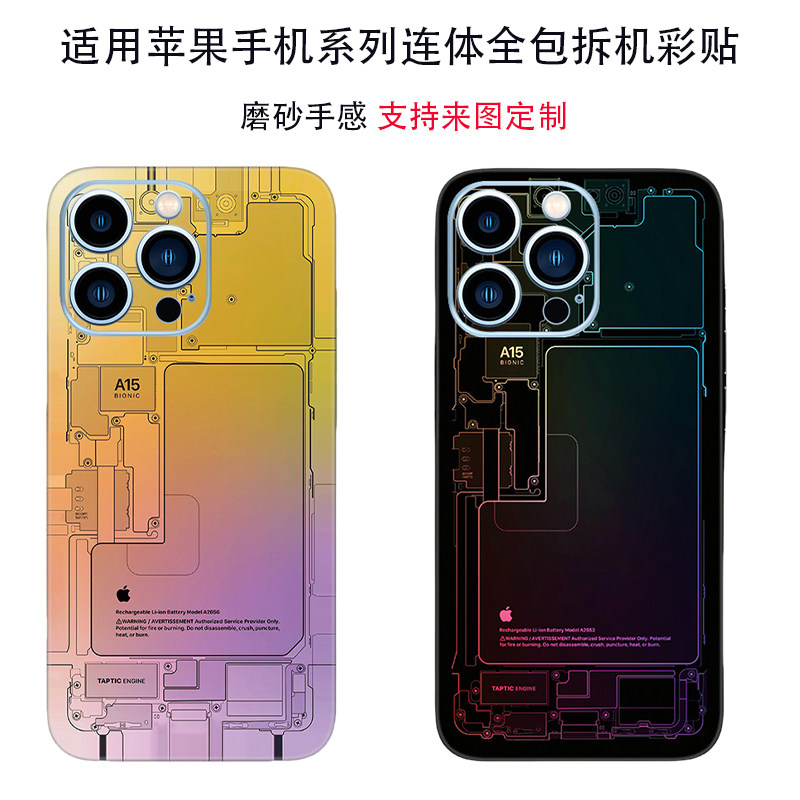 适用苹果15promax手机背膜iphone15plus透视后盖彩贴纸13max连体侧边框膜12min改色贴膜XR镜头全包拆机防摔膜
