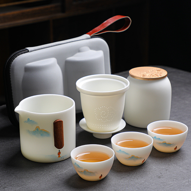 便携式旅行茶具小套装备白瓷功夫泡茶壶茶杯简易随身户外包快客杯