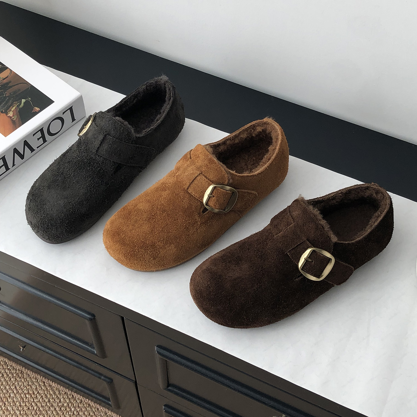 复古平底加绒勃肯鞋女2025新款冬季懒人一脚蹬乐福鞋保暖豆豆棉鞋