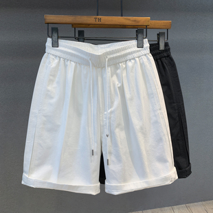 抽绳松紧腰透气莱赛尔天丝棉白色短裤男士宽松五分裤夏季休闲中裤