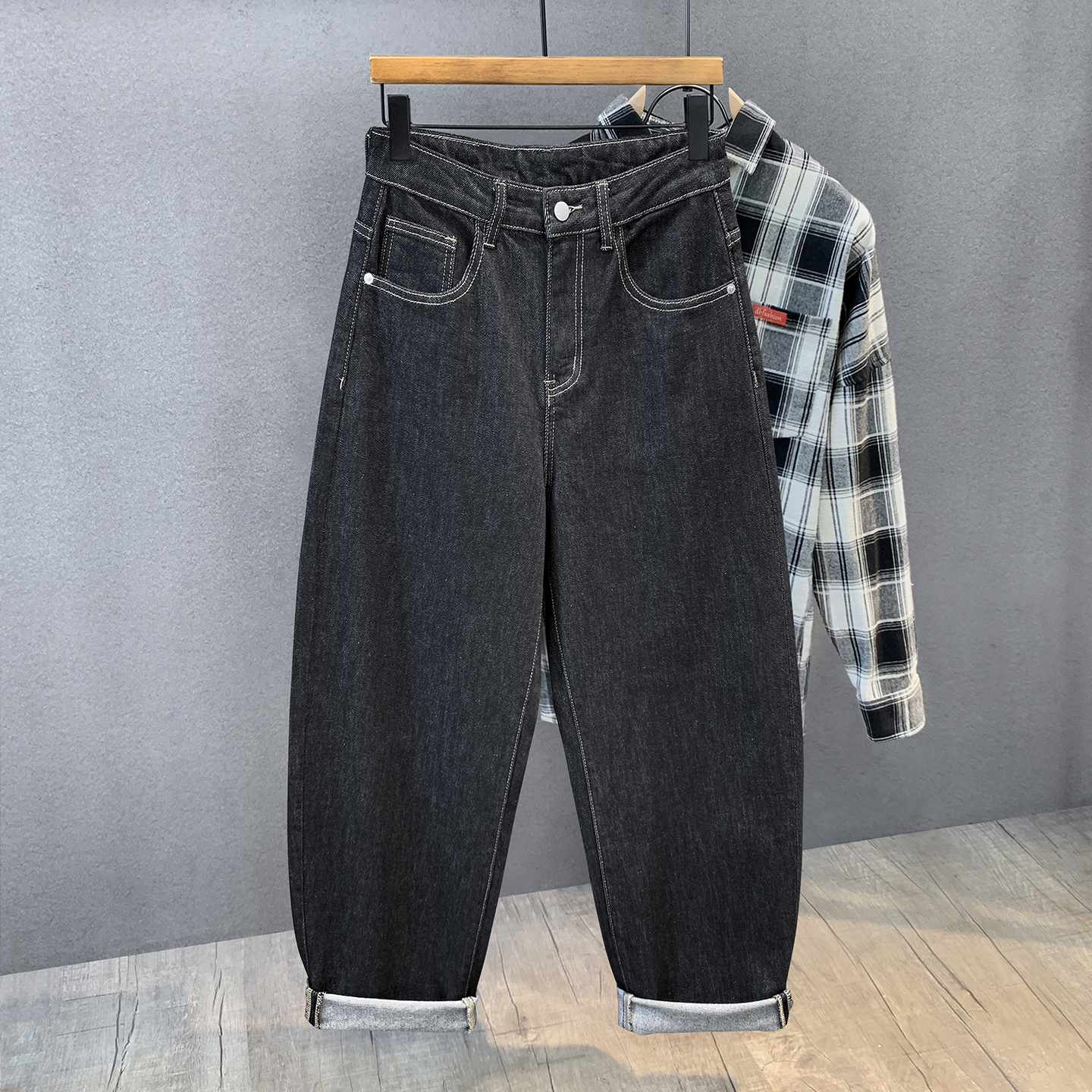 高级复古原黑色休闲牛仔裤弯刀裤