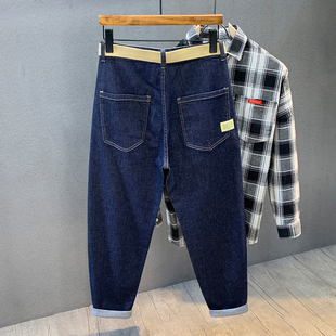 日系休闲复古原色九分牛仔裤男士春秋宽松小直筒锥形潮流哈伦裤子