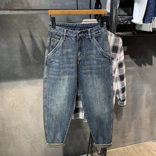 宽松直筒休闲百搭潮流老爹哈伦长裤 秋季 男士 复古加绒牛仔裤 子 美式