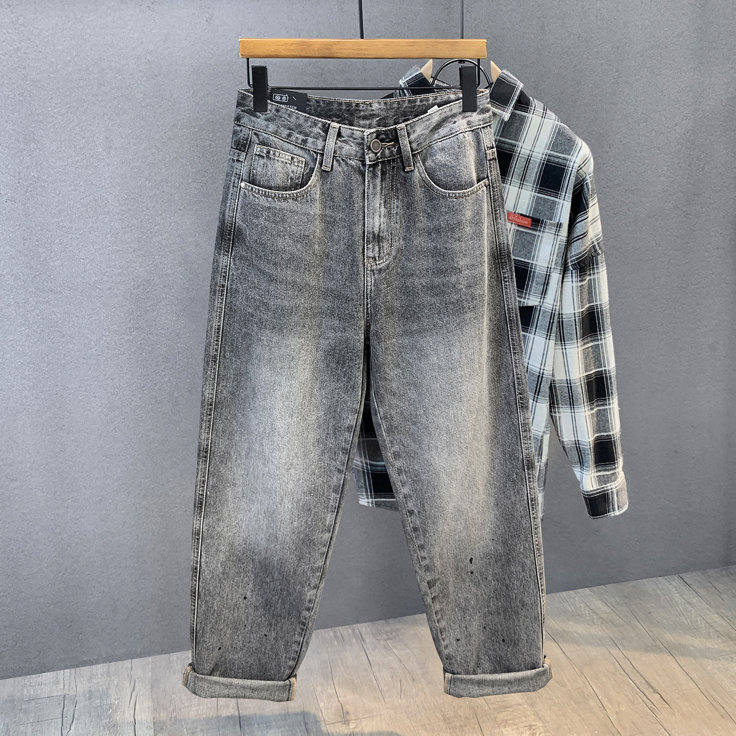 泼墨复古水洗马骝黑灰色牛仔裤男士美式宽松直筒潮流秋季长裤子男,男装,牛仔裤,淘宝优惠券,粉丝福利购,淘宝优惠卷