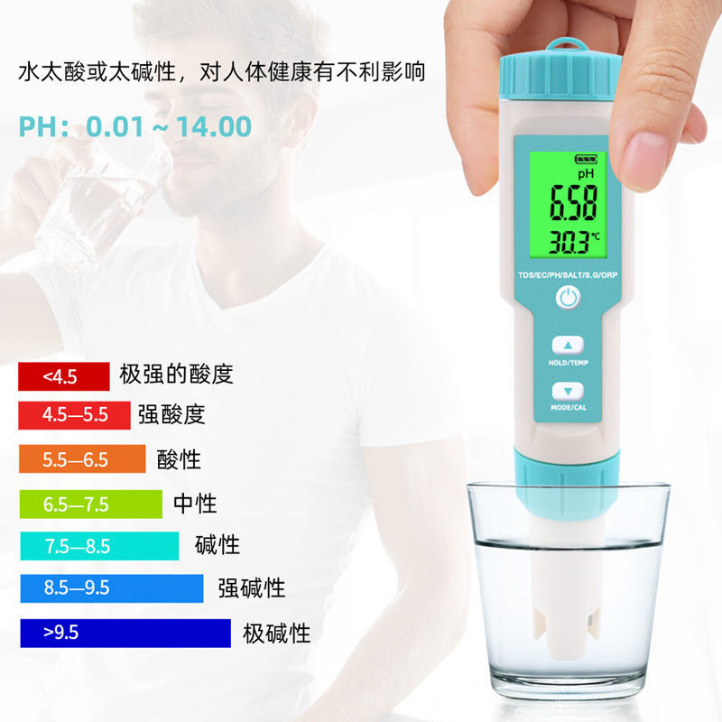 七合一水质检测仪PH值酸碱度ORP负电位EC电导率TDS盐度海水比重计