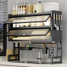 2025新款厨房水槽上方置物架带柜门碗碟沥水架台面多功能家用架子