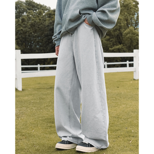 垂感浅色阔腿宽松通勤日常 复古灰色水洗直筒牛仔裤 OFF