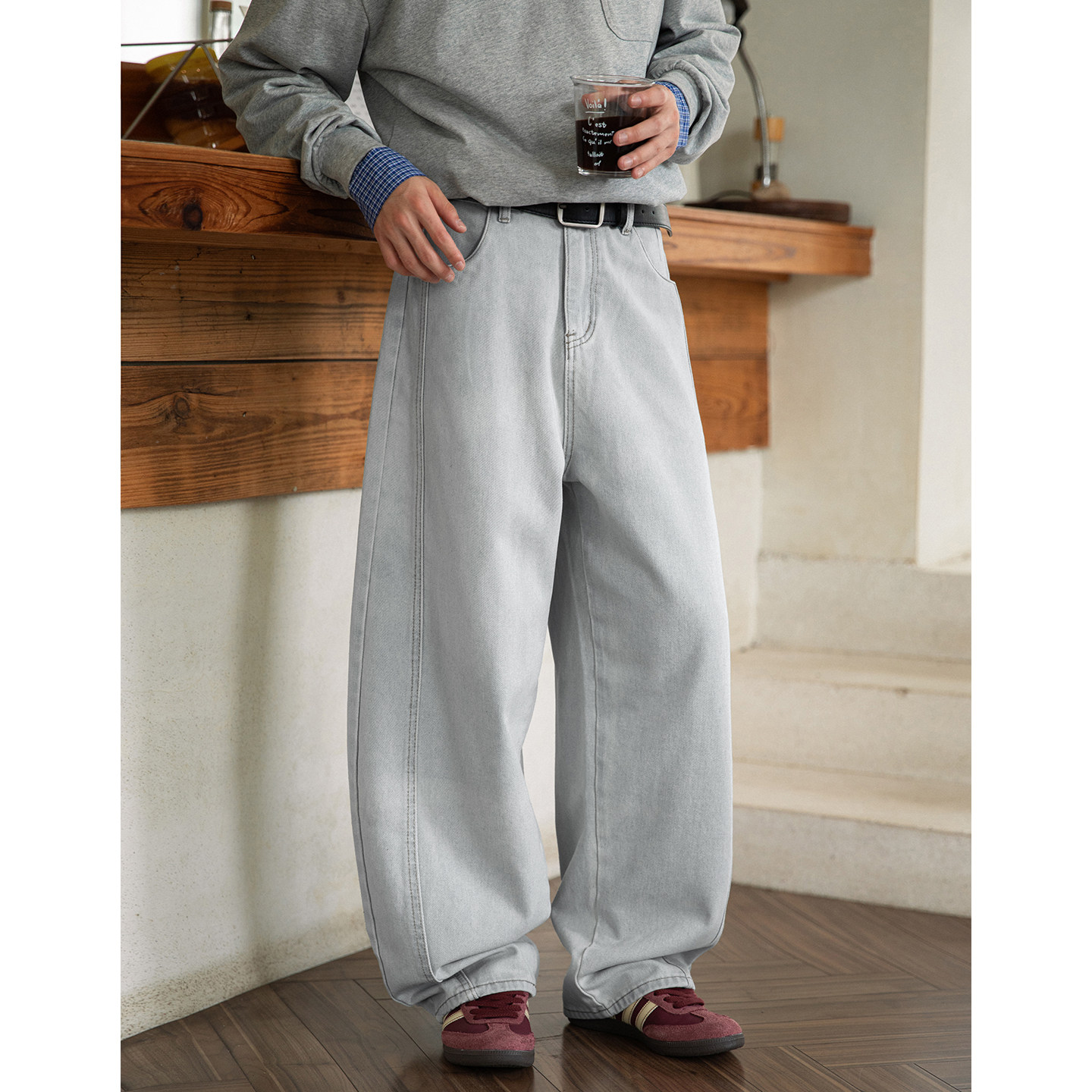 OFF-UP潮牌休闲裤美式复古浅蓝色水洗男装宽松直筒裤通勤日常百搭,男装,休闲裤,淘宝优惠券,粉丝福利购,淘宝优惠卷