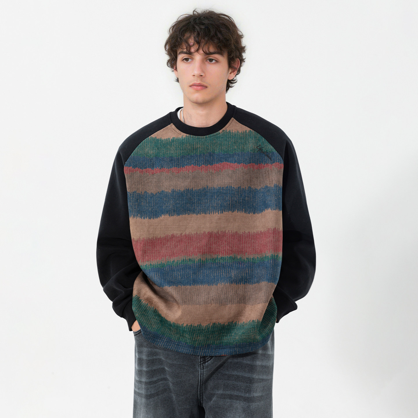 OFF-UP美式复古撞色拼接卫衣