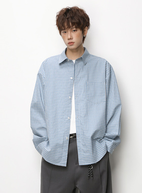 OFF-UP春季新款美式复古格子衬衫长袖宽松休闲高级蓝色衬衣外套