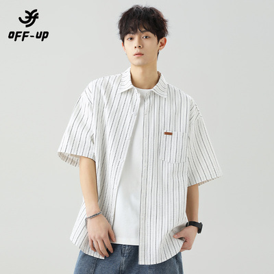 OFF-UP美式条纹短袖衬衫男生款翻领上衣服夏季宽松休闲少年感外套