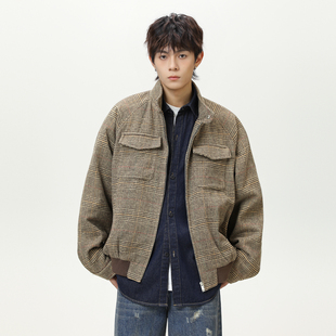 夹克立领休闲上衣剪裁拼接复古短款 老钱风千鸟格开衫 外套 OFF