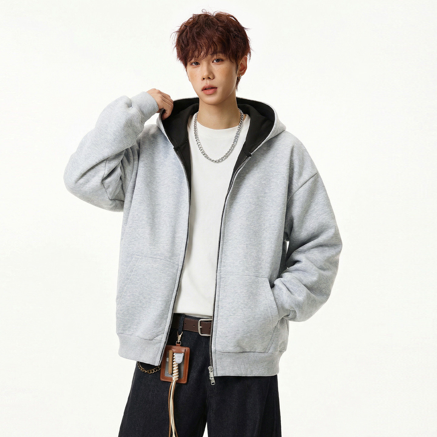 OFF-UP简约重磅连帽卫衣男女款宽松拉链开衫休闲廓形连帽外套