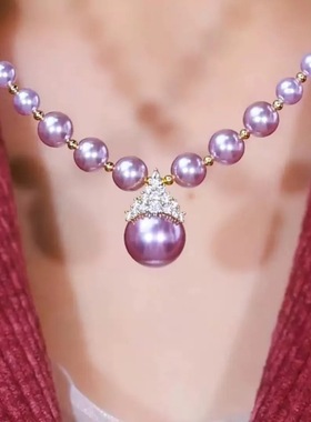 新款紫色珍珠方形水晶方块项链简