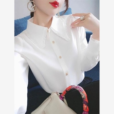 白色加绒雪纺衬衫女长袖秋冬装大码宽松加厚保暖内搭职业衬衣上衣