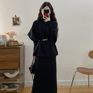 小香风黑色气质连衣裙女2025深秋冬大码 微胖mm收腰一整套搭配套装