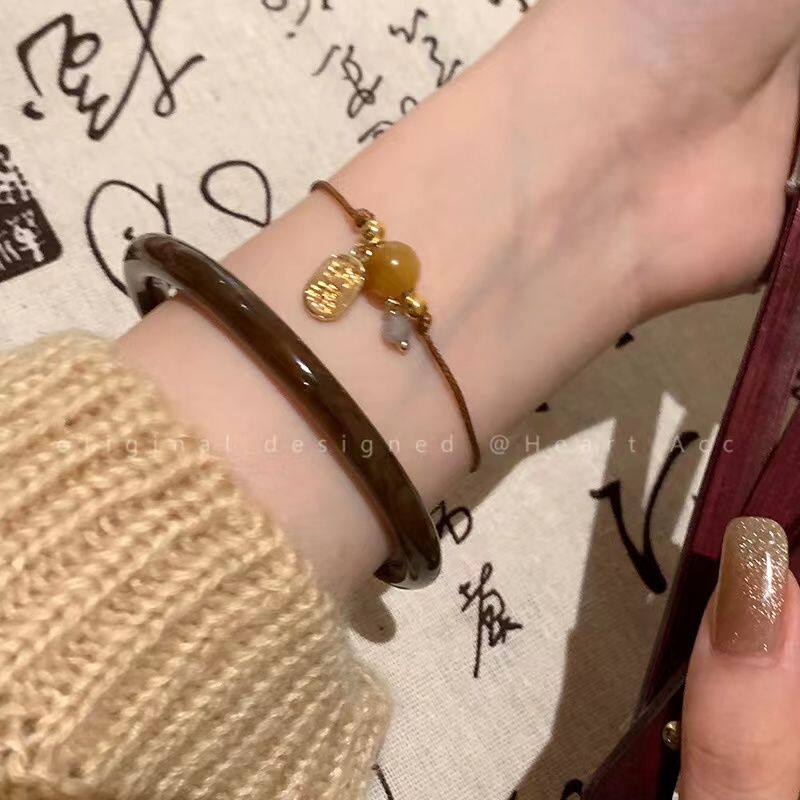 编织单圈手工福牌手链女简约小众百搭学生闺蜜手饰网红抽拉式手镯