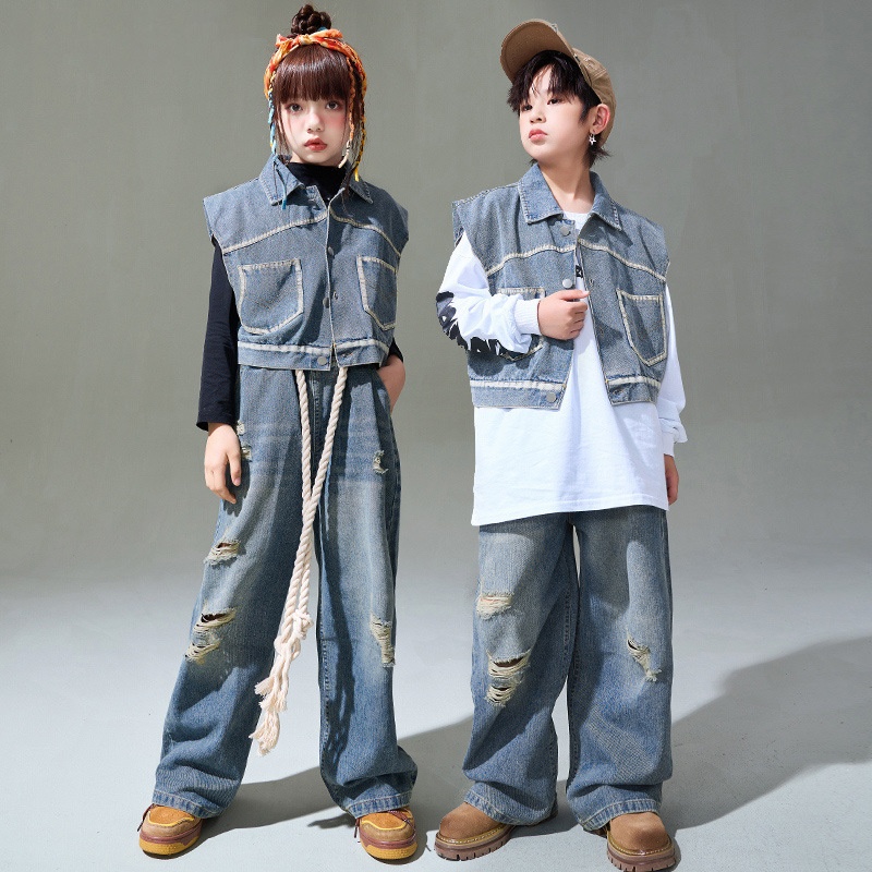 女童爵士舞服装街舞儿童潮服演出服男童牛仔工装hiphop嘻哈表演