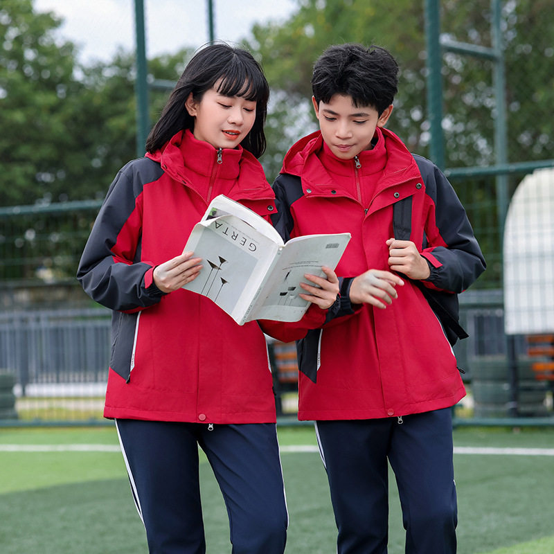 秋冬季冲锋衣三件套校服套装中小学生初高中生运动班服加厚三合一