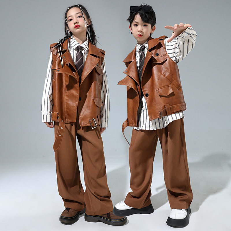 街舞儿童潮服皮衣套装男童嘻哈破洞牛仔裤演出服女童炸街表演服装