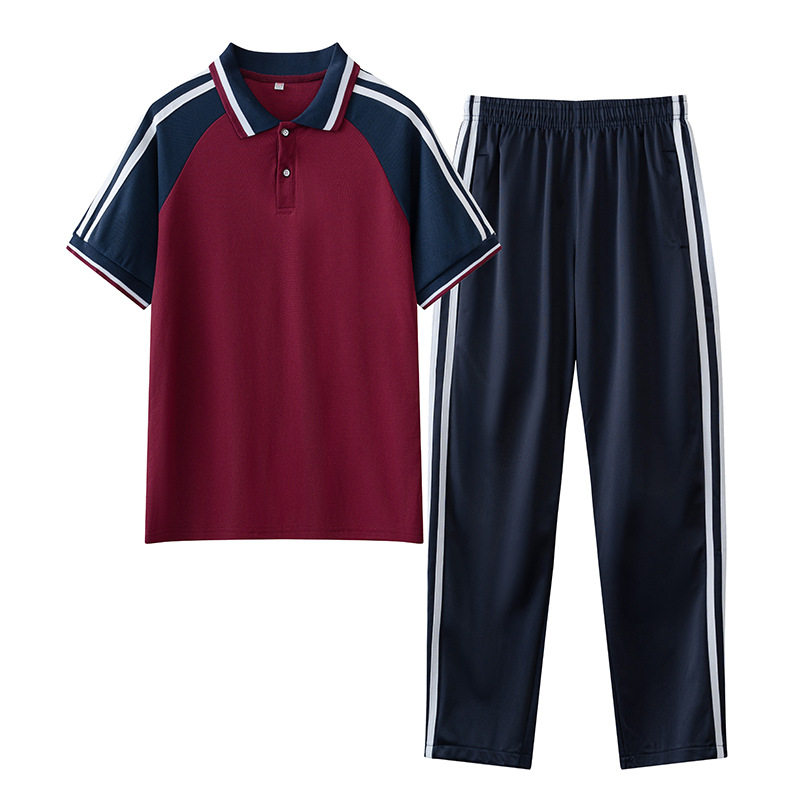 休闲条纹领口校服套装 透气班服三件套 多规格大红团体运动服批发