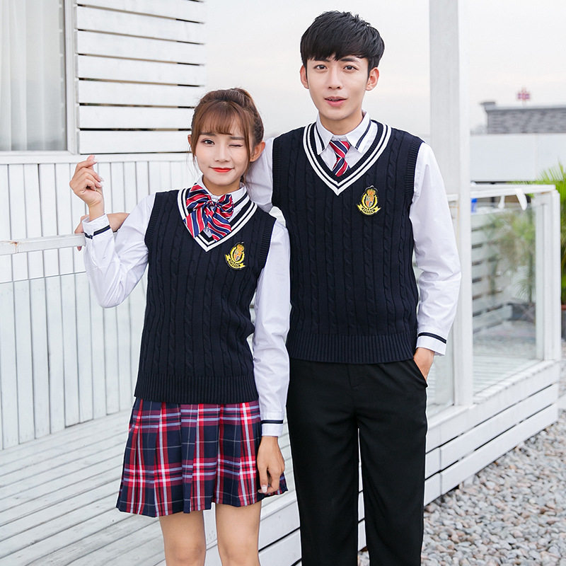 高中生校服秋冬季日韩学院风针织背心三件套中小学生日常班服批发