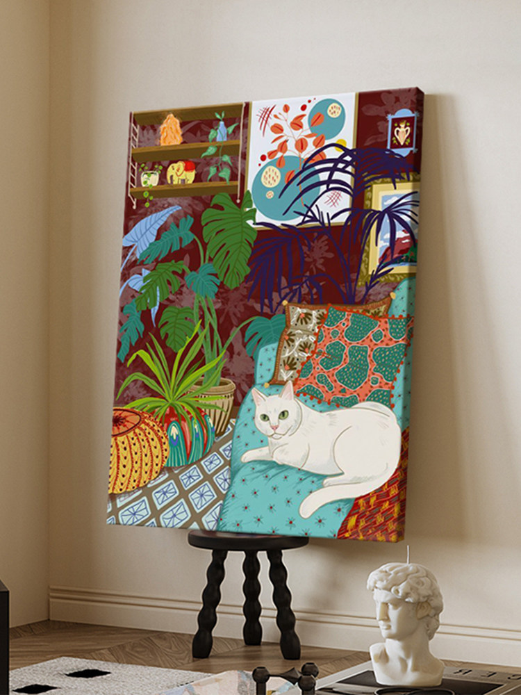 美式客厅小众装饰画马蒂斯彩色手绘油画玄关猫咪抽象艺术丙烯挂画
