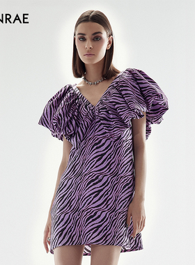 ERINRAE丨100%桑蚕丝粉紫色短袖斑马纹欧式连衣裙EF281166SE49