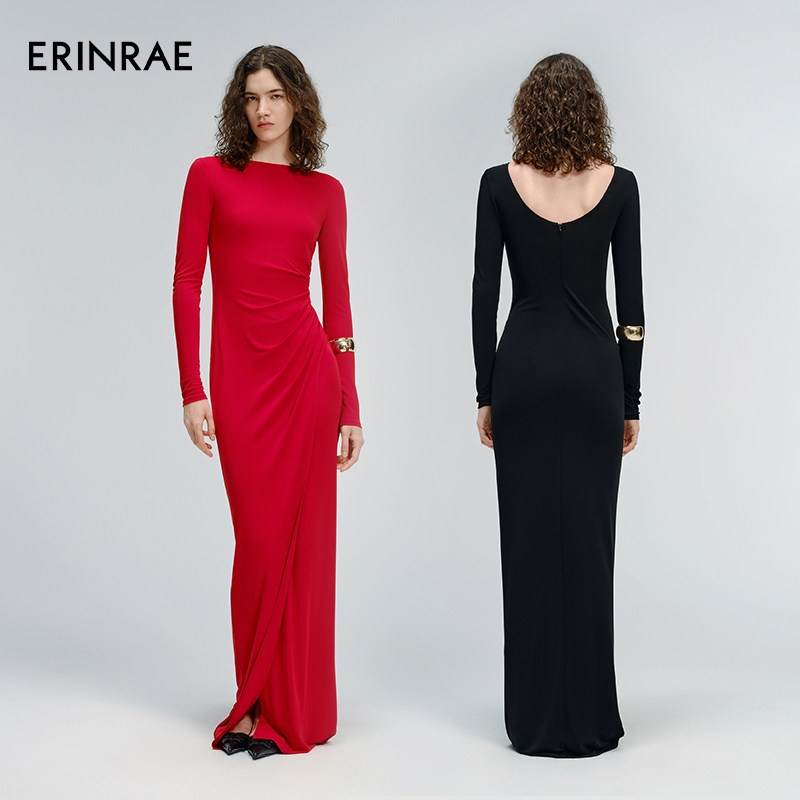 ERINRAE冬季新品优雅气质长裙开叉连衣裙一字领礼服EH484097VI