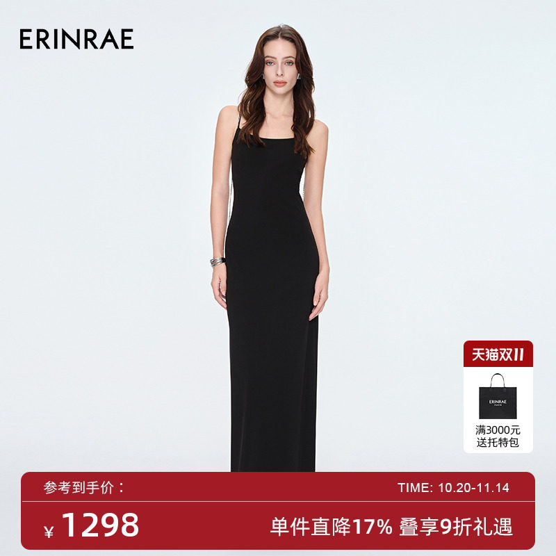 ERINRAE夏季新款黑色吊带连衣裙镶钻小黑裙长款礼服EH284375TA20
