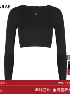 ERINRAE丨黑色小短款露腰针织衫女套头长袖圆领上衣EF1M1018VI20