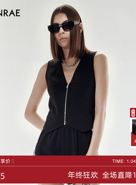 ERINRAE丨春夏黑色无袖马夹气质V领拉链时尚欧美上衣EF251195TA20