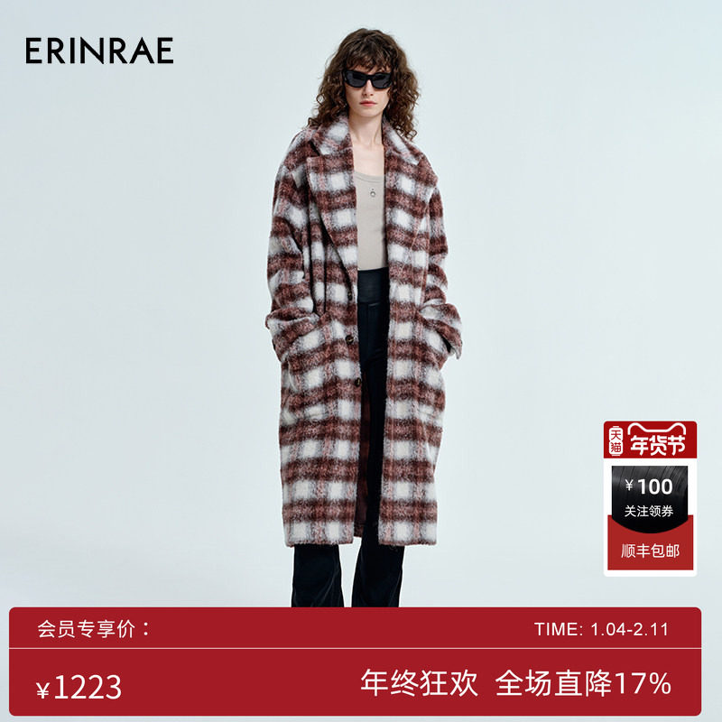 ERINRAE丨冬季新品格纹大衣中长款保暖宽松版型外套EG464029PA25,女装/女士精品,羊绒大衣,淘宝优惠券,粉丝福利购,淘宝优惠卷