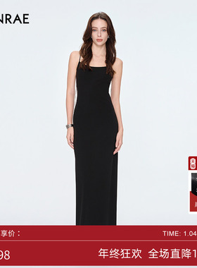 ERINRAE夏季新款黑色吊带连衣裙镶钻小黑裙长款礼服EH284375TA20