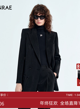 ERINRAE丨新品黑色竖条纹长袖西装女双排扣外套EG341219PL20