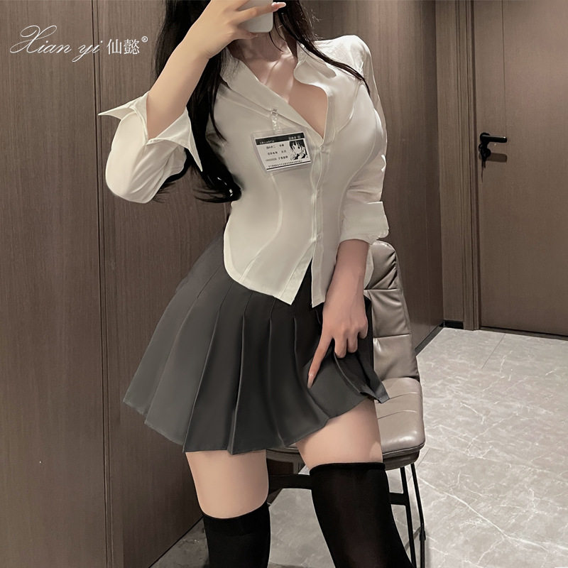 JK制服纯欲收腰白衬衫女春秋修身