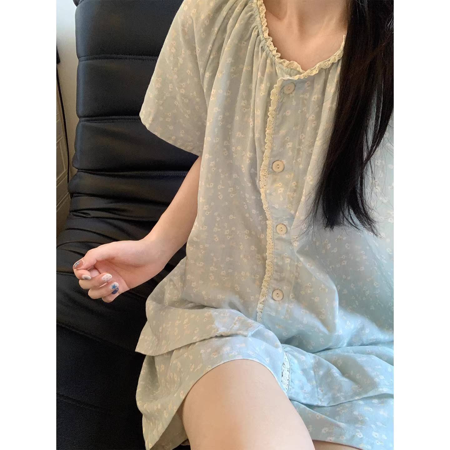 甜美蕾丝碎花云朵棉睡衣女夏款