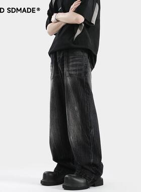 SOLIDSDMADE 美式复古水洗牛仔裤男夏季潮牌宽松直筒微喇休闲裤子