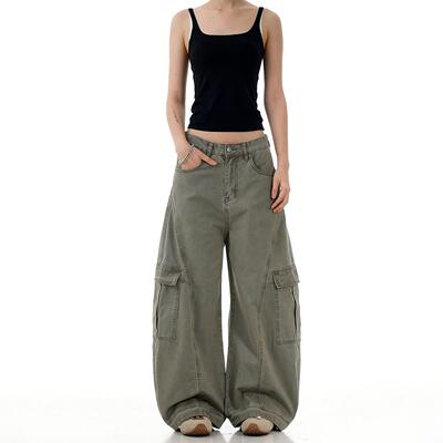 Verborgen美式覆古解构绿色弯刀工装裤潮牌男女宽松阔腿baggy裤