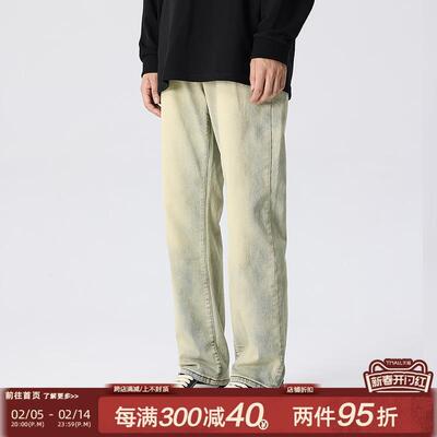 新因素水洗黄泥染弹力牛仔裤男秋冬款做旧复古美式直筒裤男女同款