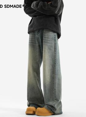 SOLIDSDMADE 美式复古牛仔裤男女春秋季潮牌休闲裤子宽松直筒长裤