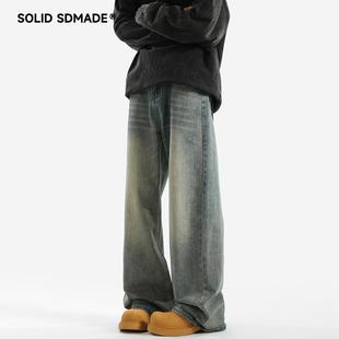 SOLIDSDMADE 美式复古牛仔裤男女春秋季潮牌休闲裤子宽松直筒长裤