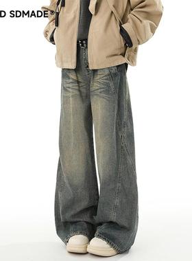 SOLIDSDMADE 美式复古水洗牛仔裤男秋季潮牌休闲裤宽松直筒阔腿裤
