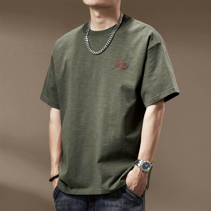 夏季透气300g重磅竹节棉t恤男橄榄绿刺绣短袖纯棉抗皱宽松男装潮