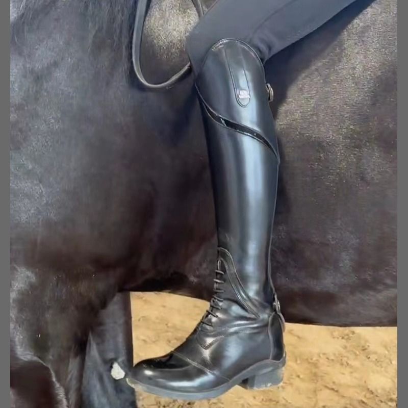 新款马术骑士过膝长靴男女英国纯色粗跟方头后拉链护腿马术装备靴