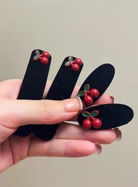 新年丝绒樱桃爱心BB夹女黑色绒面高级感小众设计百搭发夹甜美气质