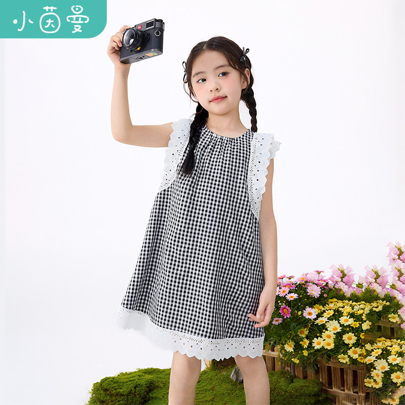 茵曼女童无袖连衣裙双层蕾丝边小飞袖2025夏季儿童中大童格子长裙